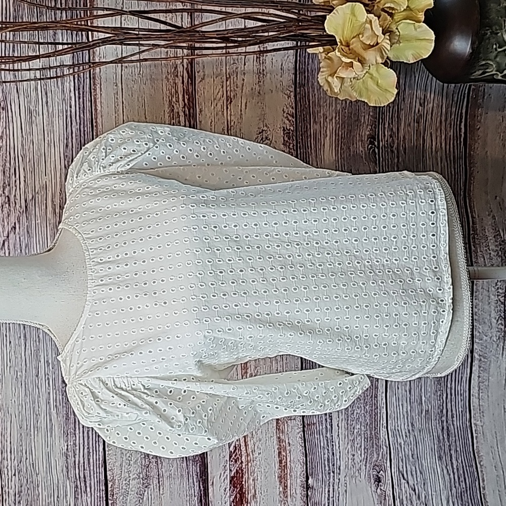 NEW A•NEW•DAY WHITE LINED EYELET LANTERN SLEEVE PULLOVER BLOUSE TOP